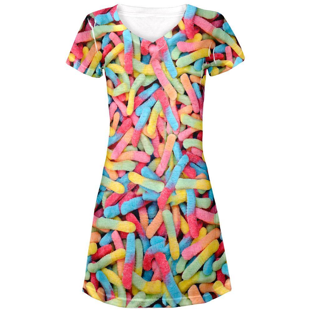 Halloween Sour Gummy Worms All Over Juniors V-Neck Dress
