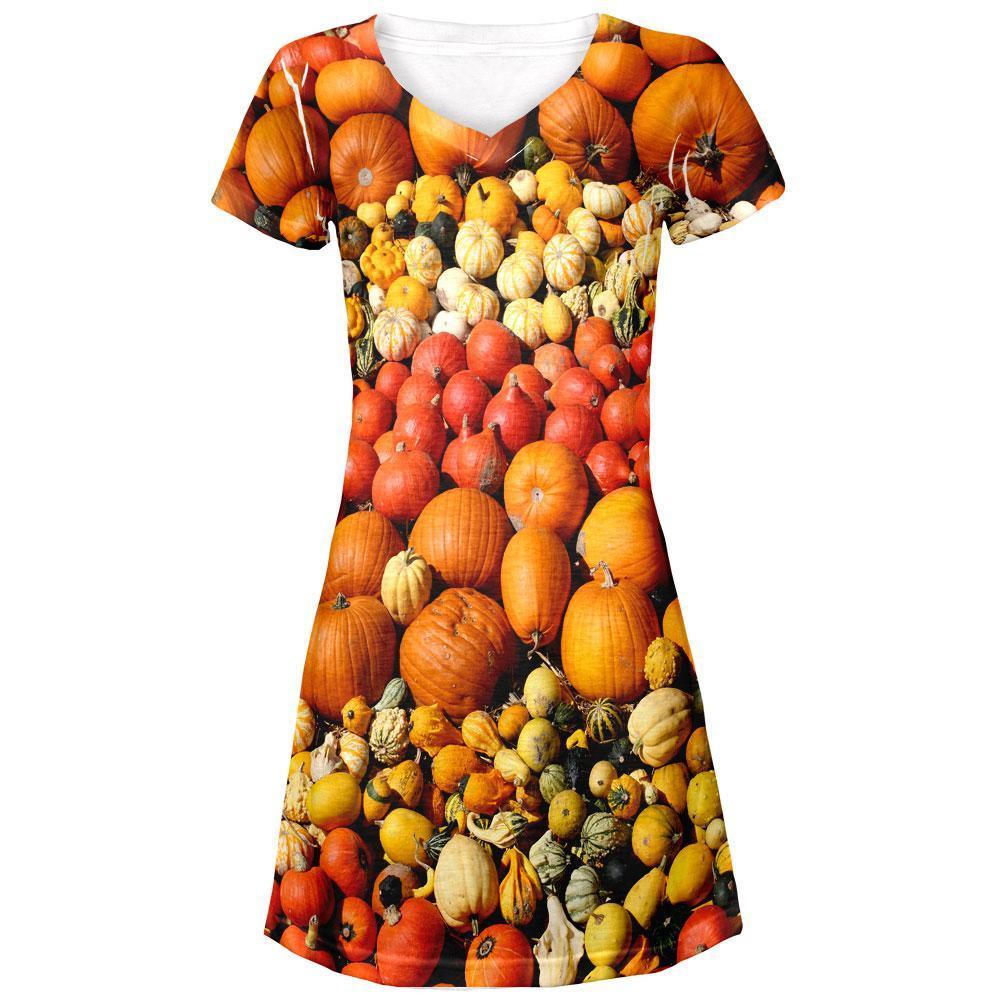 Halloween Rows of Pumpkins All Over Juniors V-Neck Dress