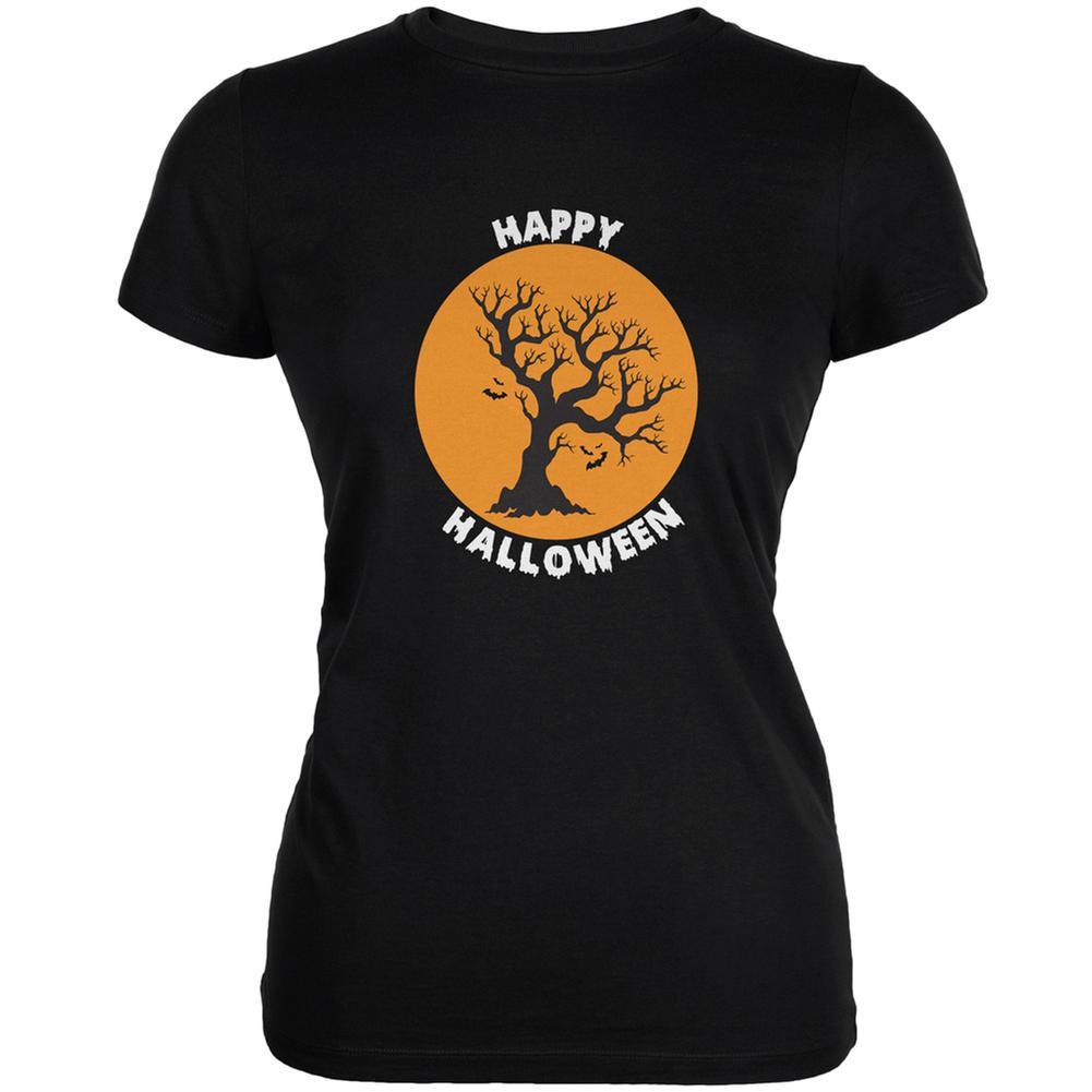 Happy Halloween Tree Silhouette Black Juniors Soft T-Shirt