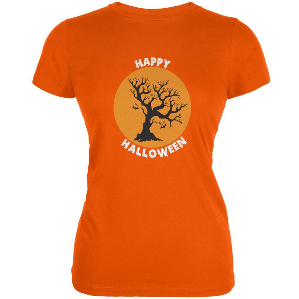 Happy Halloween Tree Silhouette Orange Juniors Soft T-Shirt