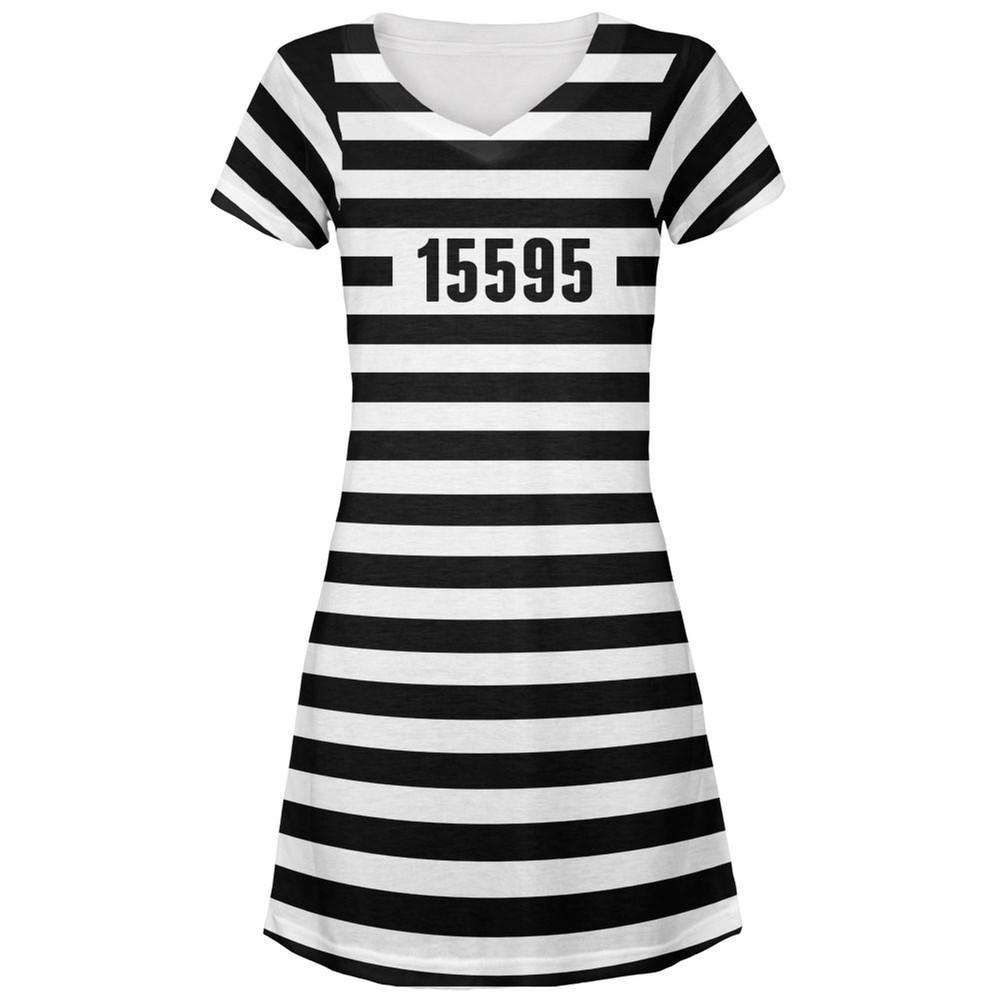 Halloween Prisoner Old Time Striped Costume All Over Juniors V-Neck Dress