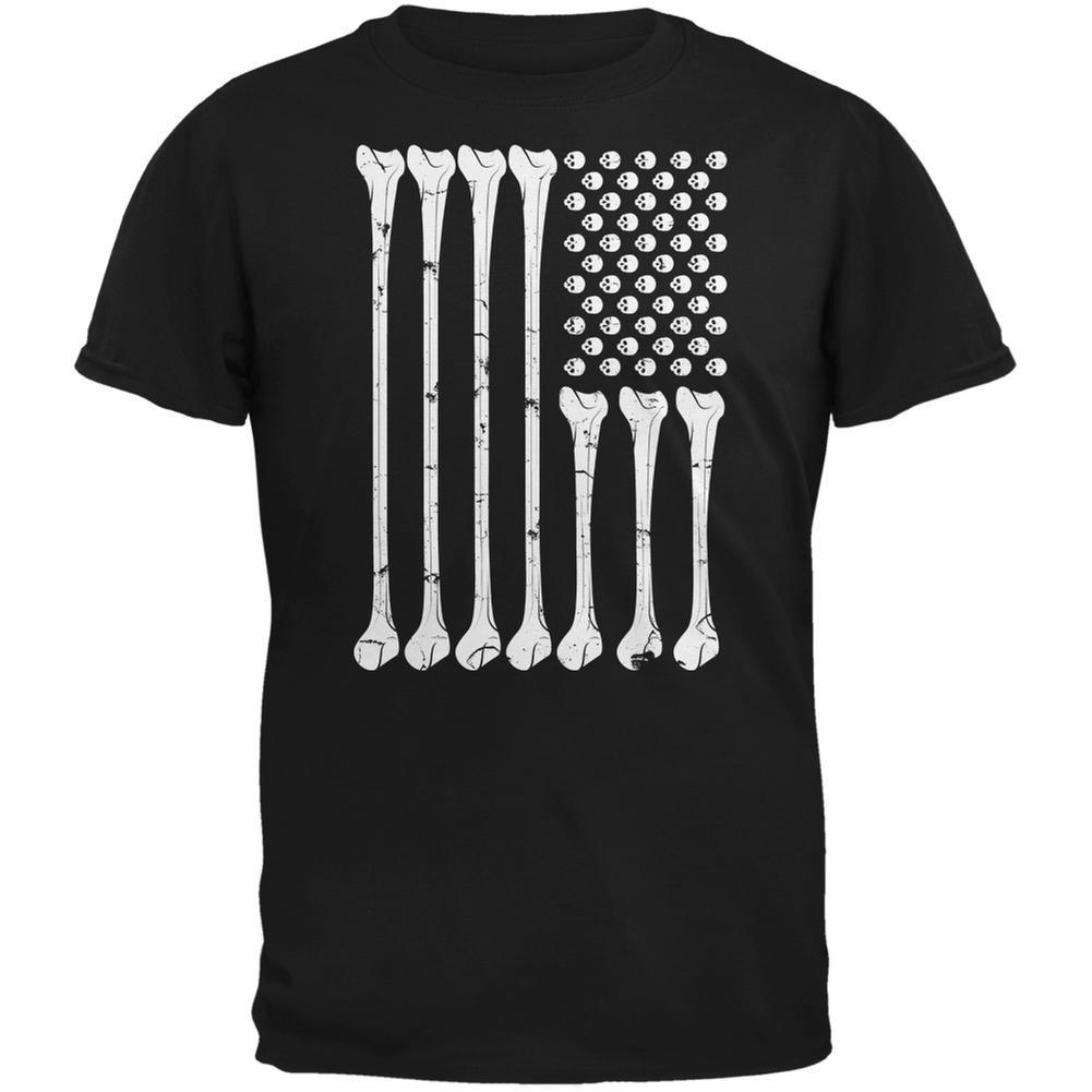 Halloween Skeleton Bones American Flag Black Adult T-Shirt