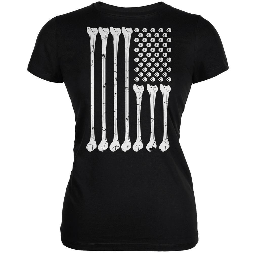 Halloween Skeleton Bones American Flag Black Juniors Soft T-Shirt