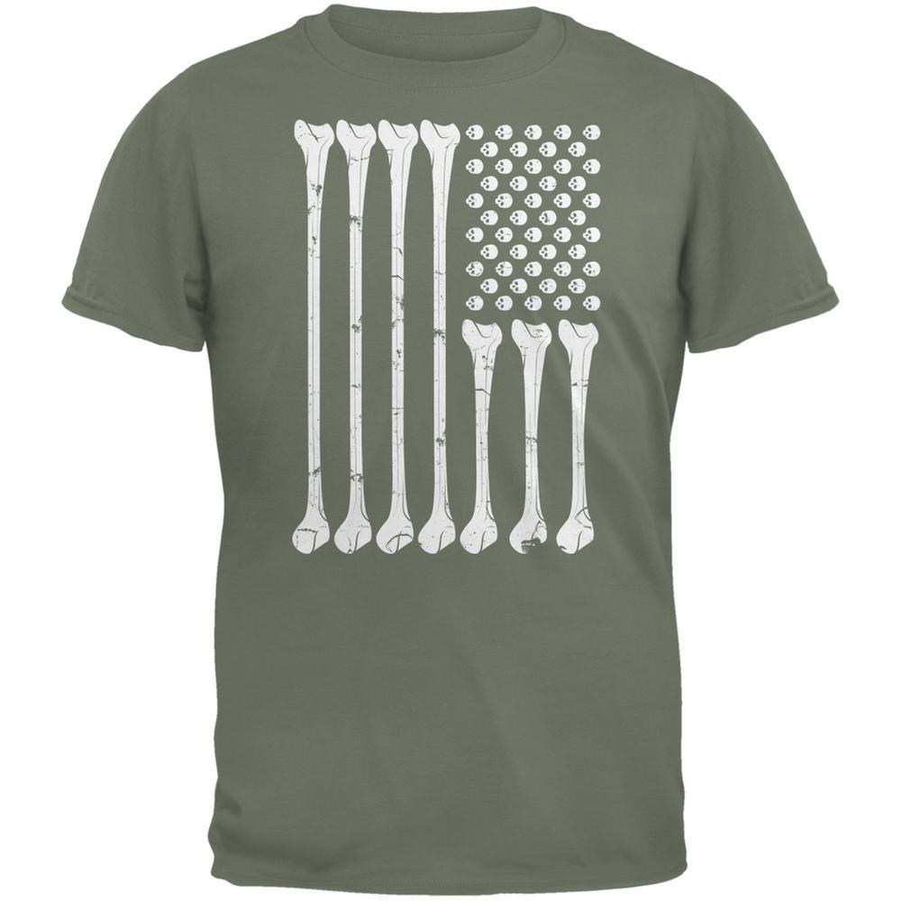 Halloween Skeleton Bones American Flag Military Green Adult T-Shirt