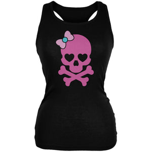 Halloween Pink Skull and Bow Black Juniors Soft Tank Top