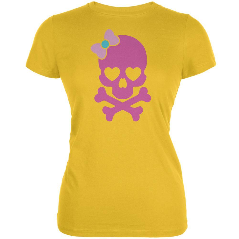 Halloween Pink Skull and Bow Bright Yellow Juniors Soft T-Shirt