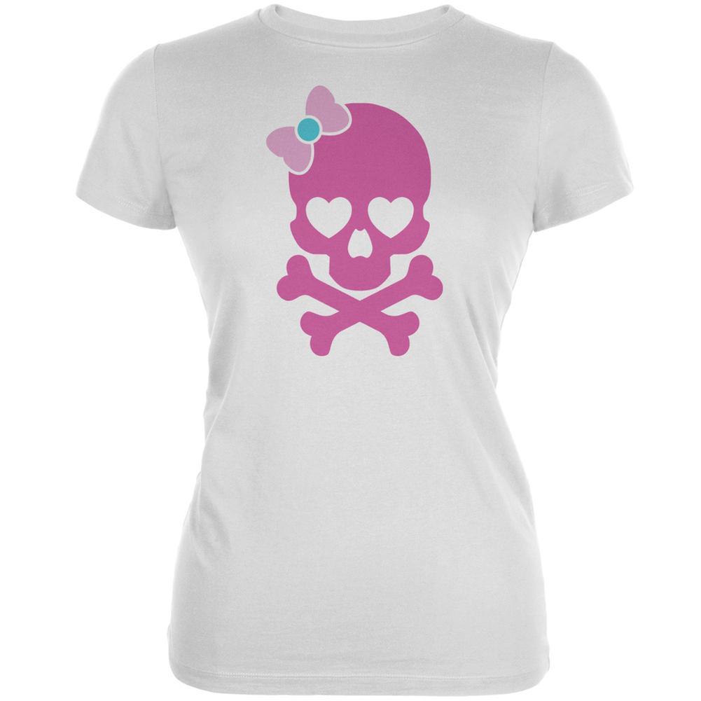 Halloween Pink Skull and Bow White Juniors Soft T-Shirt
