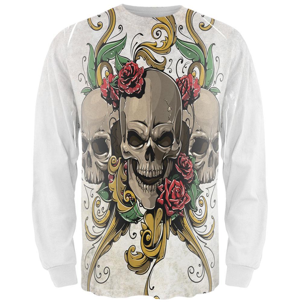 Skulls and Roses Tattoo All Over Adult Long Sleeve T-Shirt