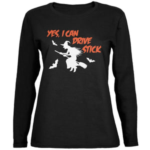 Halloween Witch I Can Drive Stick Black Womens Long Sleeve T-Shirt