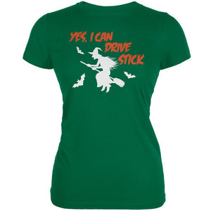 Halloween Witch I Can Drive Stick Kelly Green Juniors Soft T-Shirt