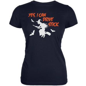 Halloween Witch I Can Drive Stick Navy Juniors Soft T-Shirt