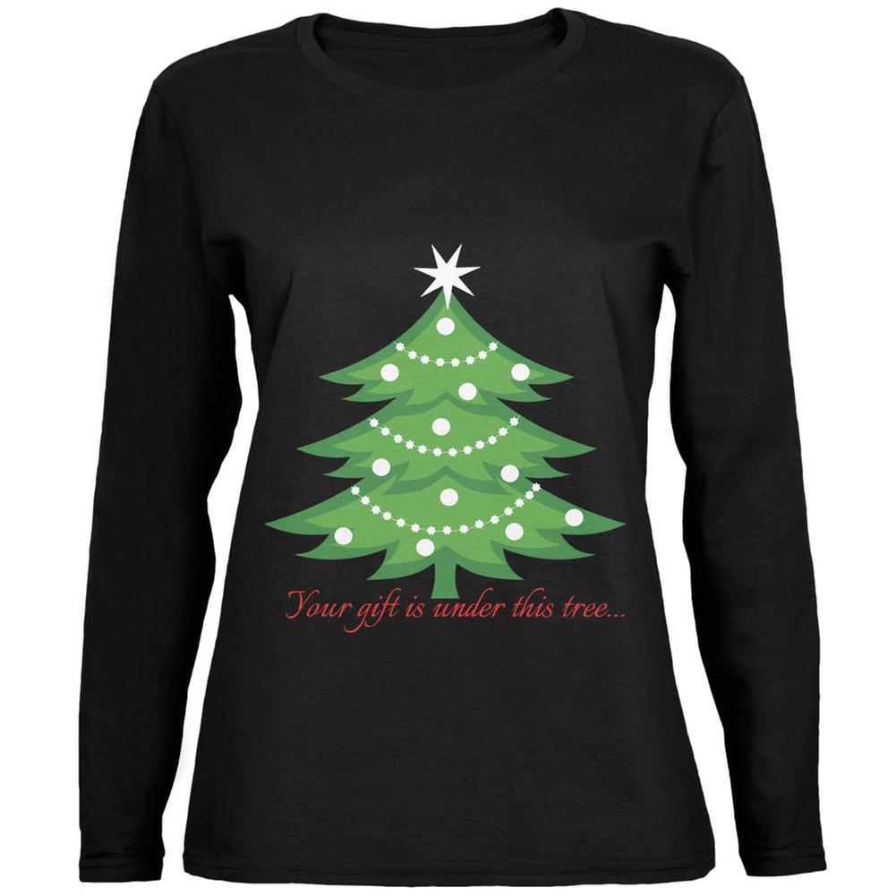 Christmas Gift Under Tree Black Womens Long Sleeve T-Shirt