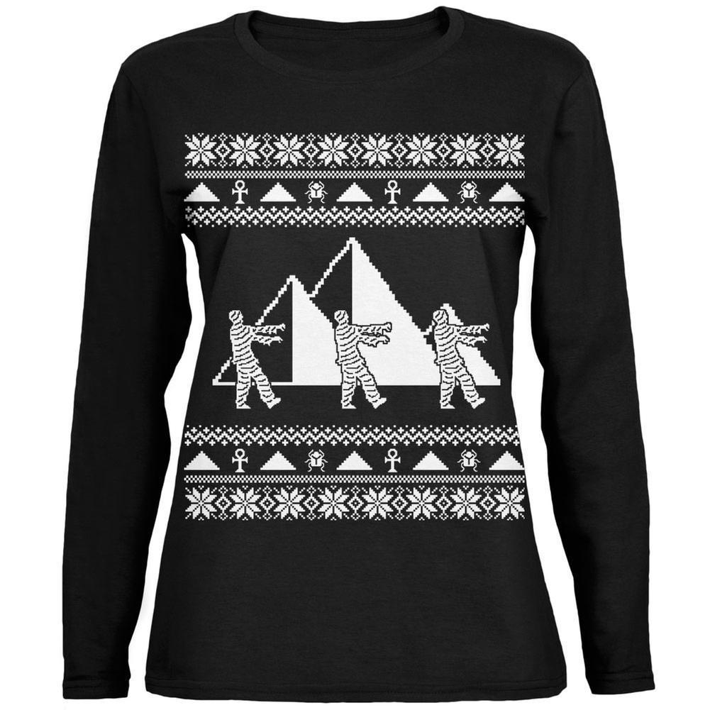 Mummy Pyramid Ugly Christmas Sweater Black Womens Long Sleeve T-Shirt