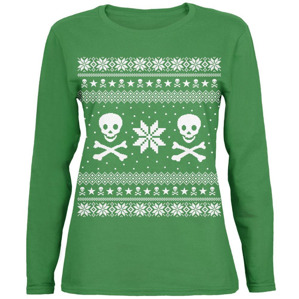 Skull & Crossbones Ugly Christmas Sweater Green Womens Long Sleeve T-Shirt
