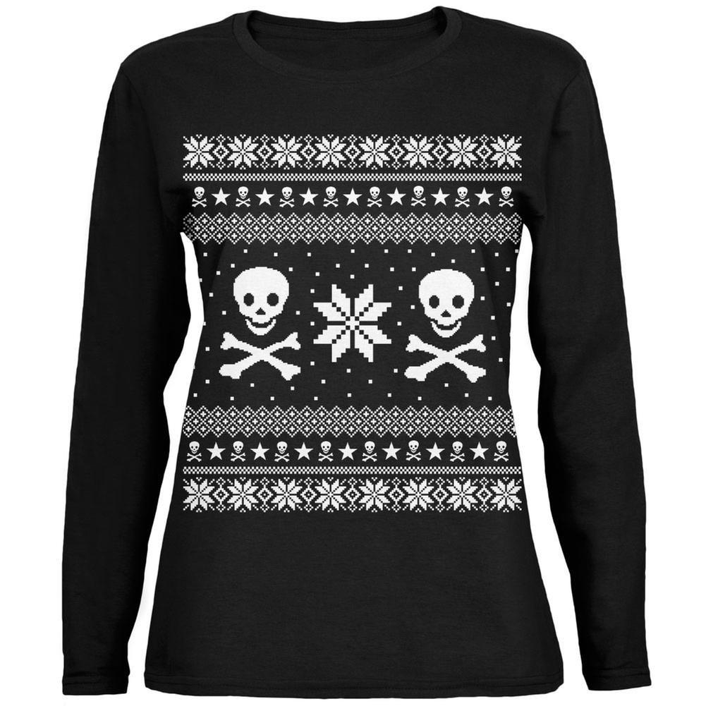 Skull & Crossbones Ugly Christmas Sweater Green Womens Long Sleeve T-Shirt