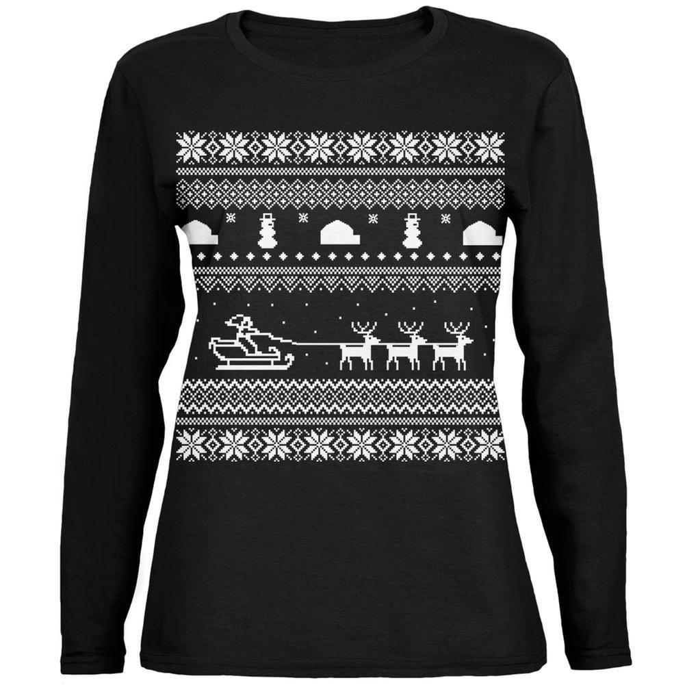 Santa Sleigh Ugly Christmas Sweater Black Womens Long Sleeve T-Shirt