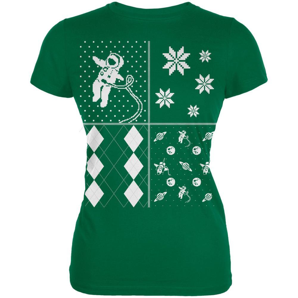 Astronaut in Space Ugly Christmas Sweater Festive Blocks Kelly Green Juniors Soft T-Shirt
