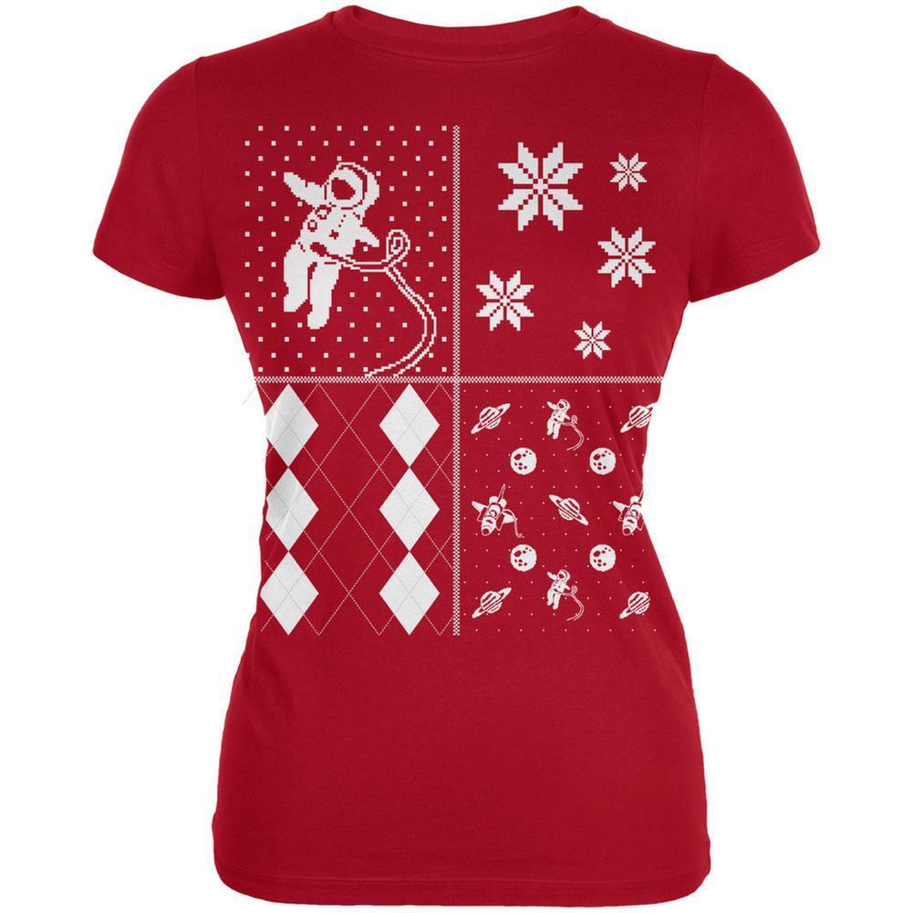 Astronaut in Space Ugly Christmas Sweater Festive Blocks Red Juniors Soft T-Shirt