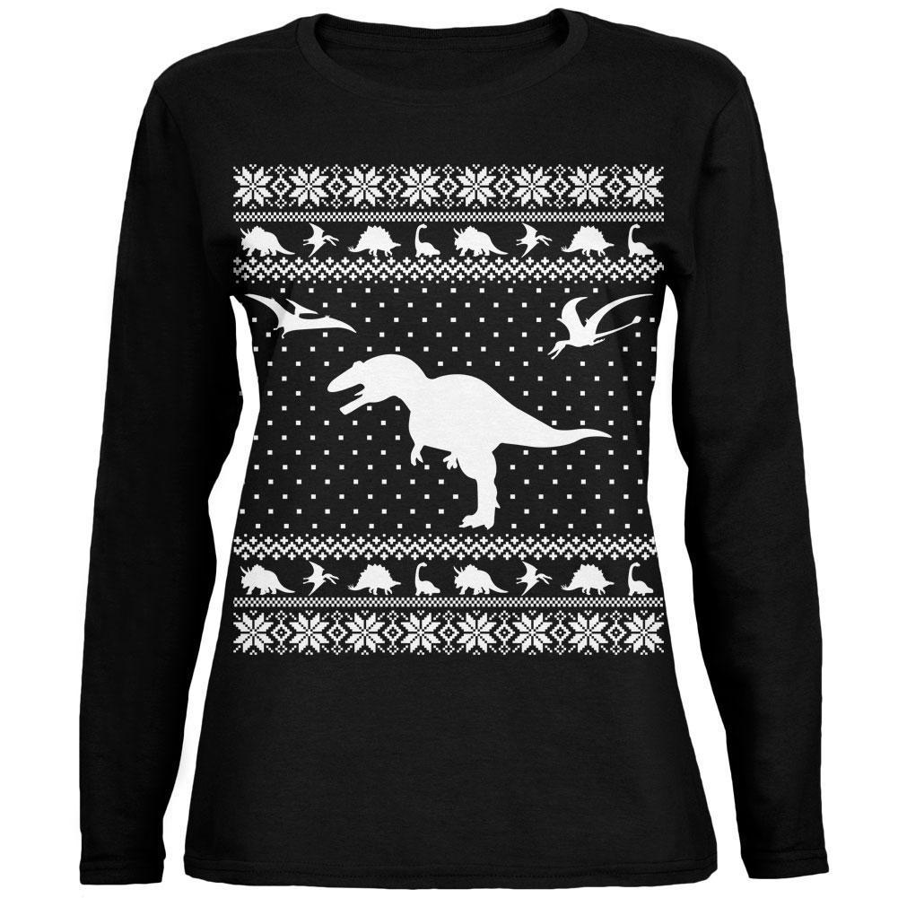 Dinosaurs Ugly XMAS Sweater Black Womens Long Sleeve T-Shirt