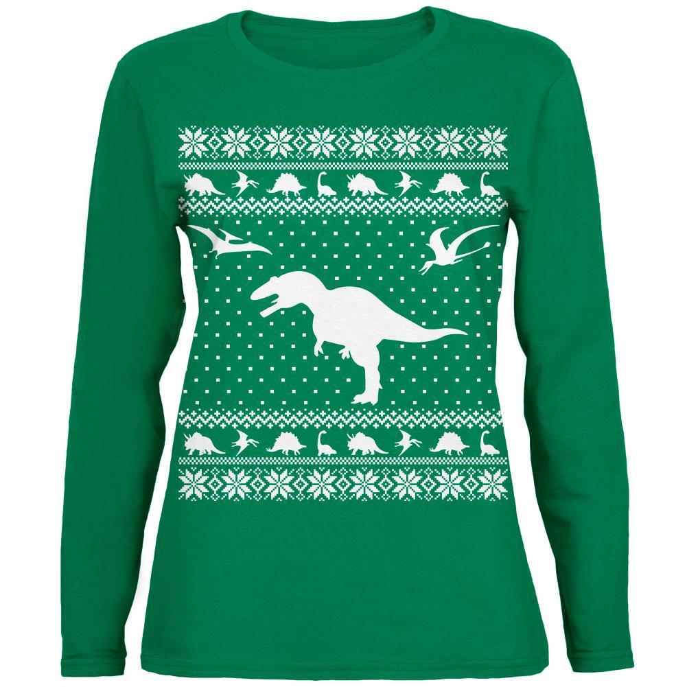 Dinosaurs Ugly XMAS Sweater Green Womens Long Sleeve T-Shirt