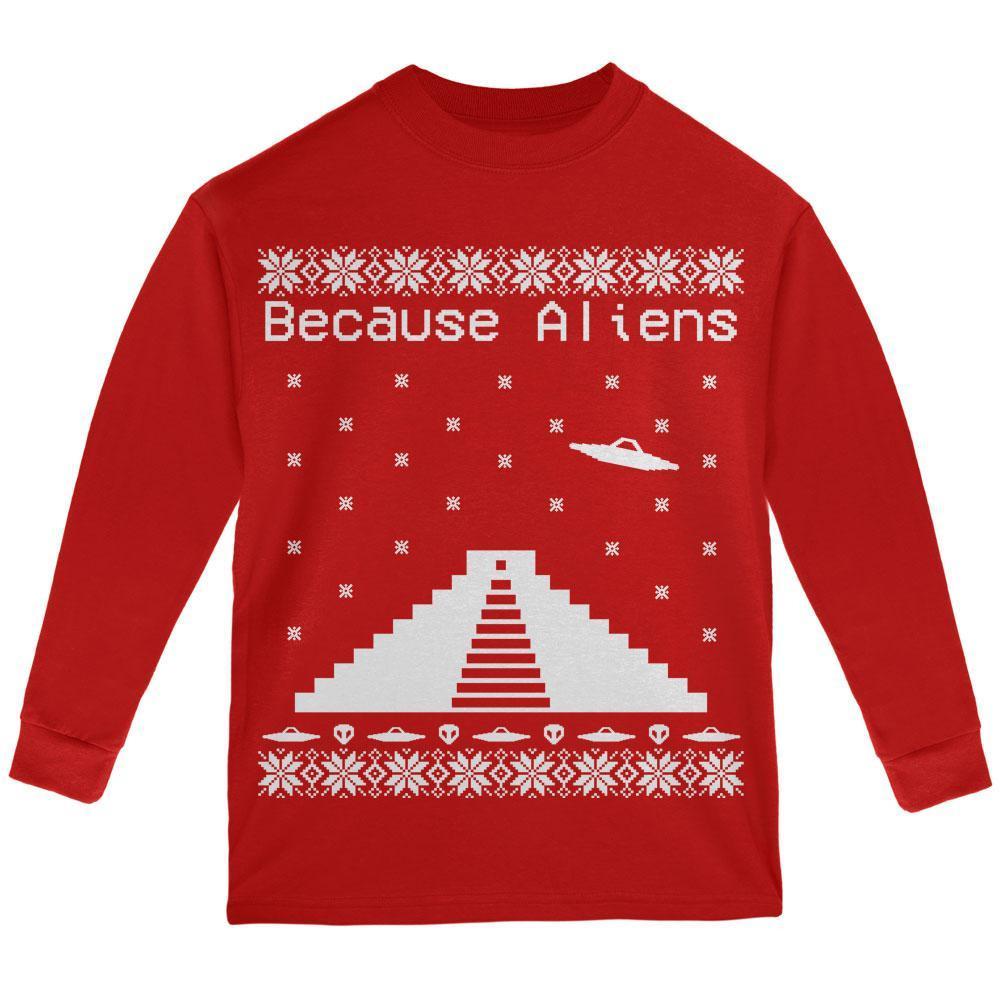 Because Aliens Pyramid Ugly XMAS Sweater Red Youth Long Sleeve T-Shirt