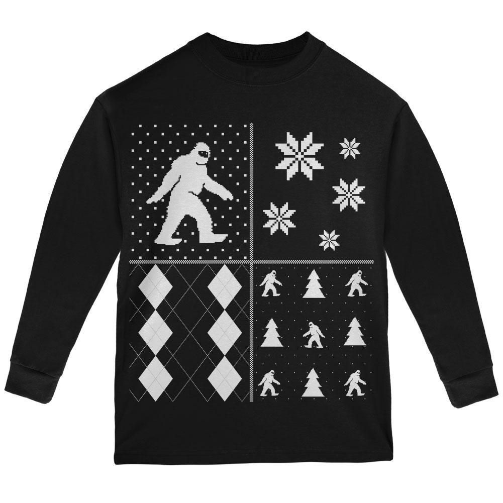 Sasquatch Festive Blocks Ugly XMAS Sweater Black Youth Long Sleeve T-Shirt