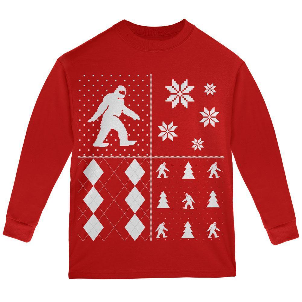 Sasquatch Festive Blocks Ugly XMAS Sweater Black Youth Long Sleeve T-Shirt