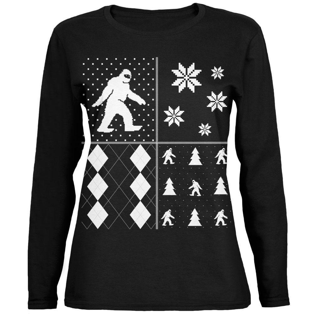 Sasquatch Festive Blocks Ugly XMAS Sweater Black Womens Long Sleeve T-Shirt