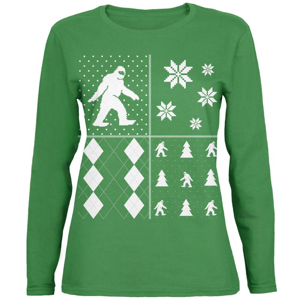 Sasquatch Festive Blocks Ugly XMAS Sweater Green Womens Long Sleeve T-Shirt