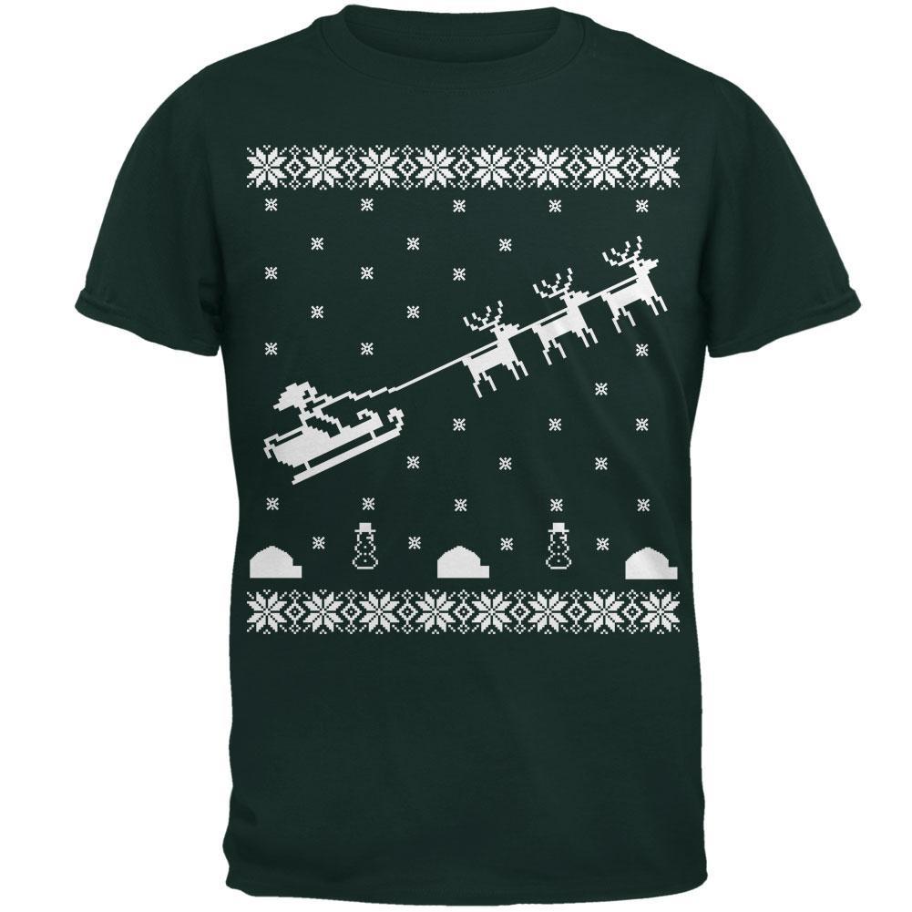 Flying Santa Sleigh Ugly XMAS Sweater Forest Adult T-Shirt