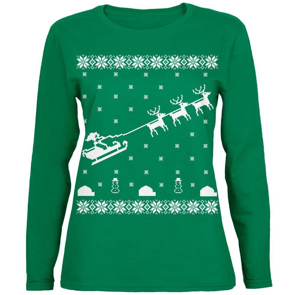 Flying Santa Sleigh Ugly XMAS Sweater Green Womens Long Sleeve T-Shirt