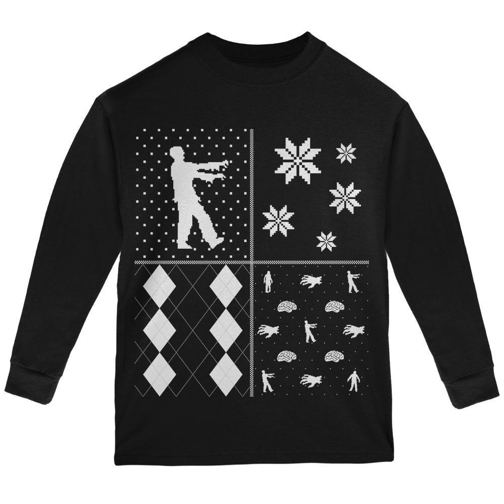 Zombies Festive Blocks Ugly XMAS Sweater Black Youth Long Sleeve T-Shirt