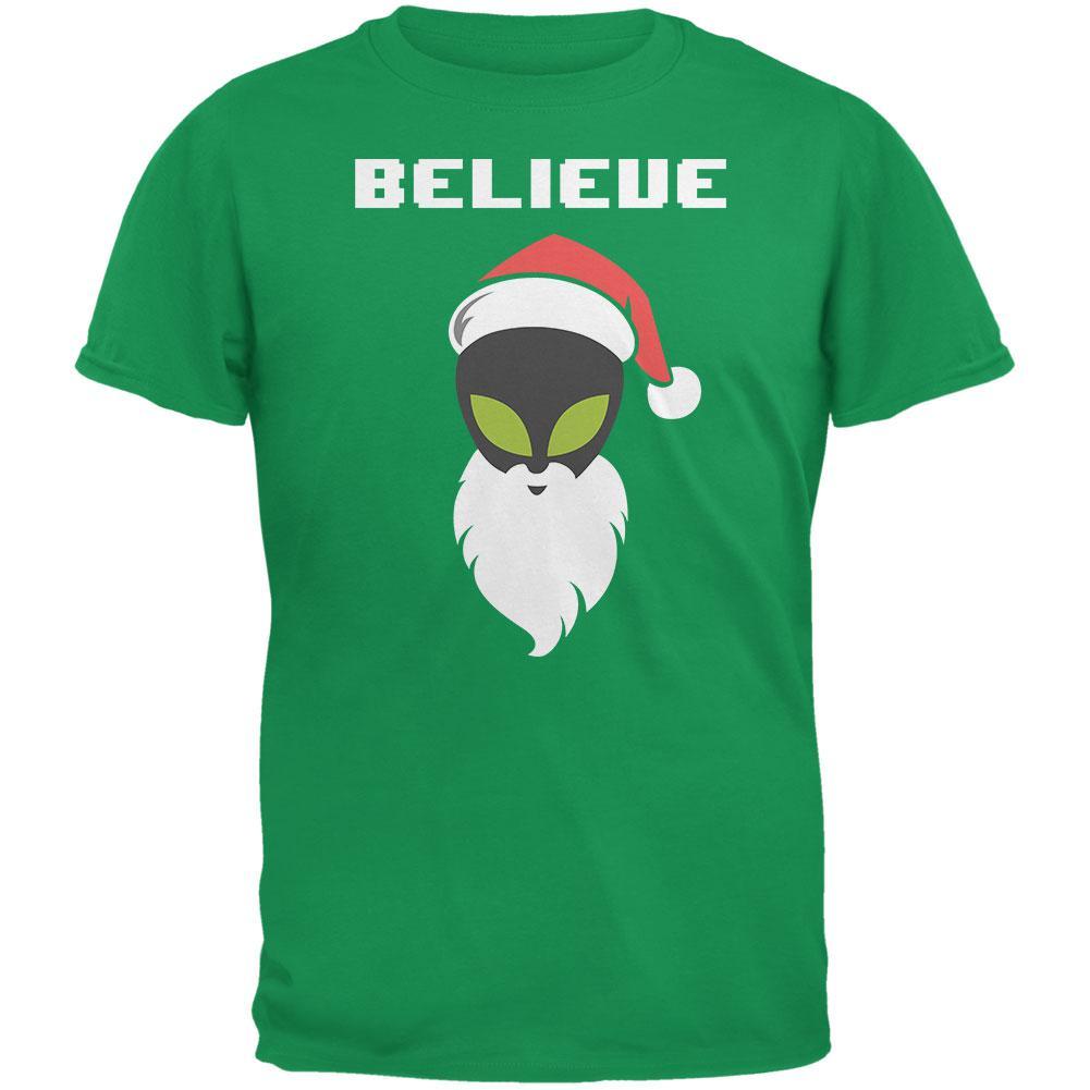 Christmas Believe Alien Santa Irish Green Adult T-Shirt