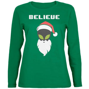 Christmas Believe Alien Santa Green Womens Long Sleeve T-Shirt