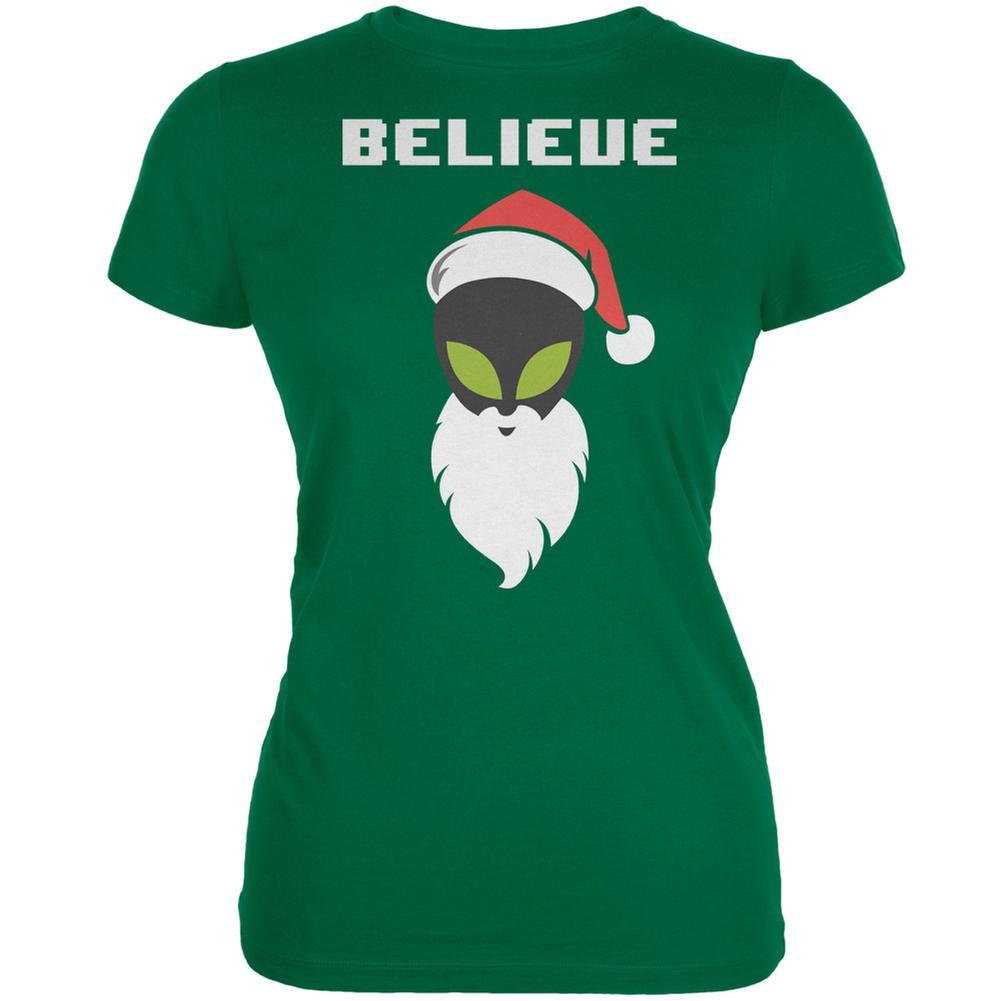 Christmas Believe Alien Santa Kelly Green Juniors Soft T-Shirt