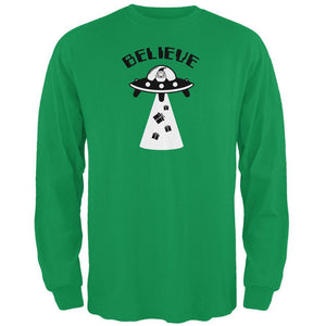 Christmas Believe Santa UFO Irish Green Adult Long Sleeve T-Shirt