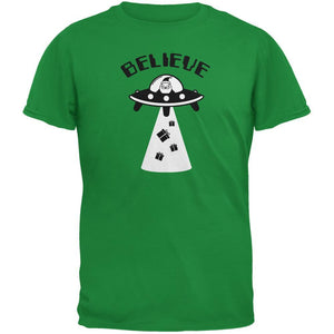 Christmas Believe Santa UFO Irish Green Adult T-Shirt