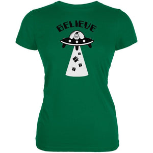 Christmas Believe Santa UFO Kelly Green Juniors Soft T-Shirt