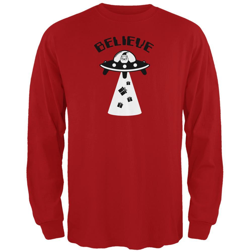 Christmas Believe Santa UFO Red Adult Long Sleeve T-Shirt