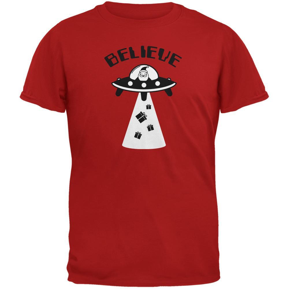 Christmas Believe Santa UFO Red Adult T-Shirt