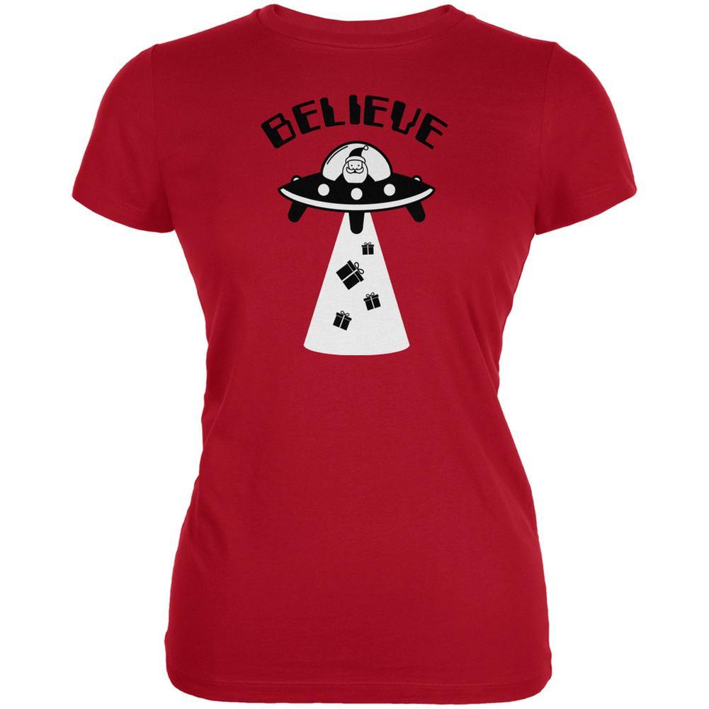 Christmas Believe Santa UFO Red Juniors Soft T-Shirt