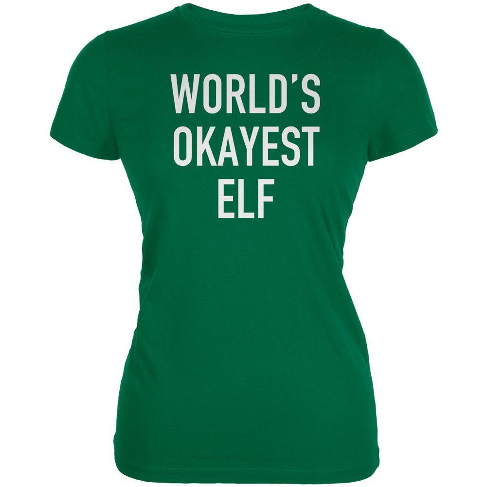 Christmas Worlds Okayest Elf Kelly Green Juniors Soft T-Shirt