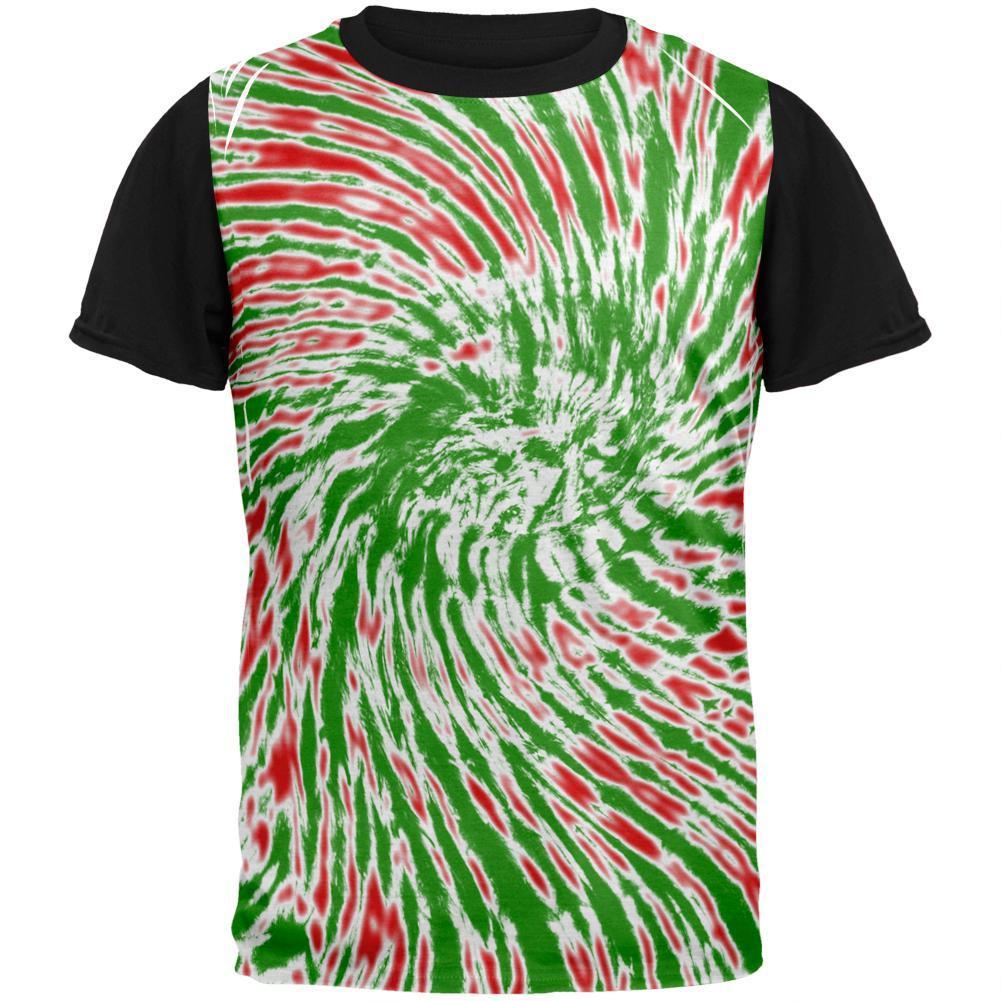 Christmas Tie Dye Red Green Adult Black Back T-Shirt