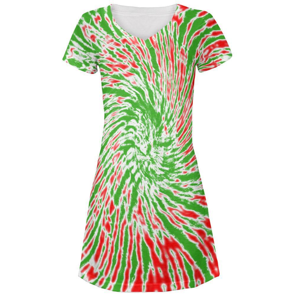 Christmas Tie Dye Red Green Juniors V-Neck Beach Cover-Up Dress