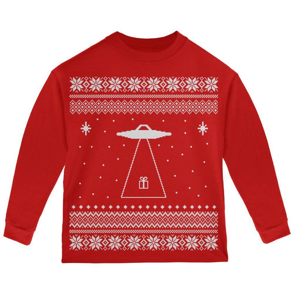 Alien Beam Ugly Christmas Sweater Red Toddler Long Sleeve T-Shirt