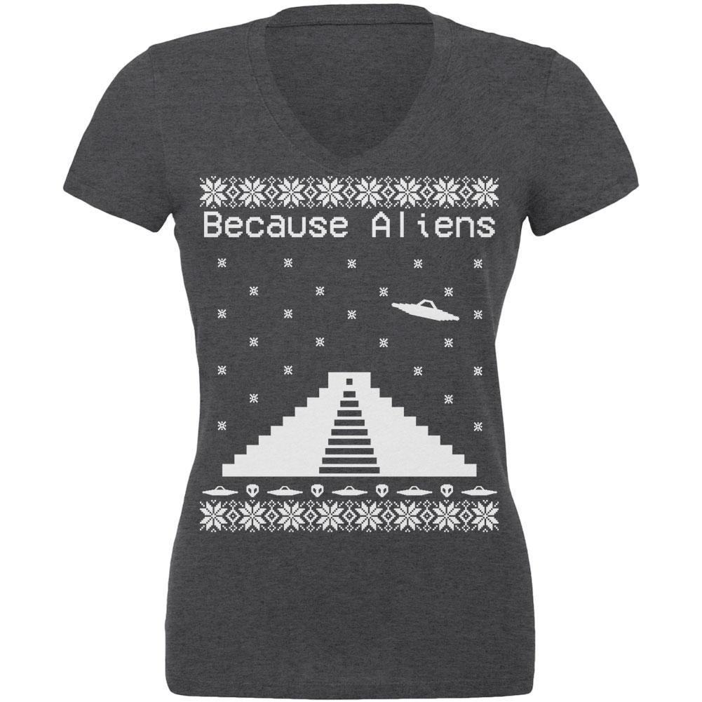 Because Aliens Pyramid Christmas Sweater Dark Heather Juniors V-Neck T-Shirt