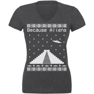 Because Aliens Pyramid Christmas Sweater Dark Heather Juniors V-Neck T-Shirt