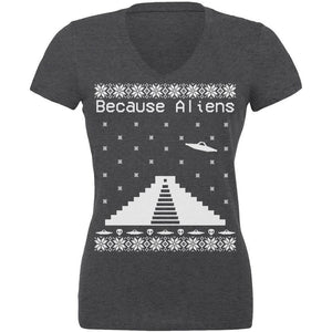 Because Aliens Pyramid Christmas Sweater Dark Heather Juniors Soft T-Shirt