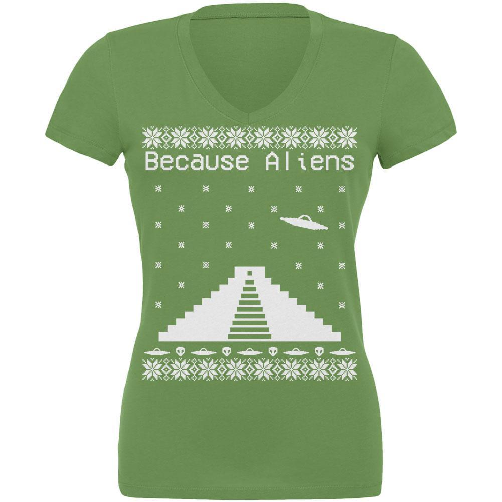 Because Aliens Pyramid Christmas Sweater Leaf Juniors V-Neck T-Shirt