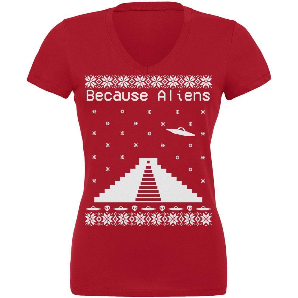 Because Aliens Pyramid Christmas Sweater Red Juniors V-Neck T-Shirt